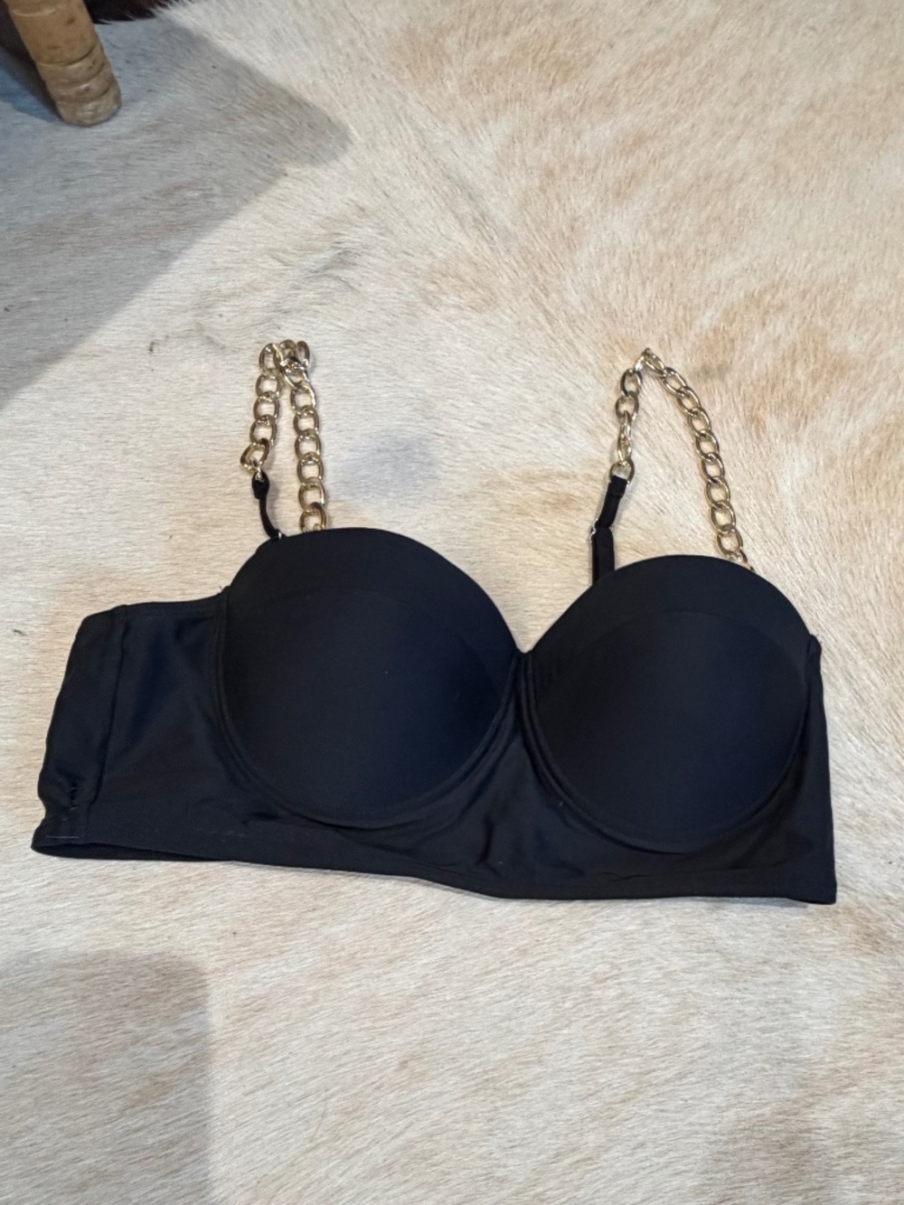 Black Shein Cupped Bathing Suit Top Gold Chain Accent as Straps Sz L